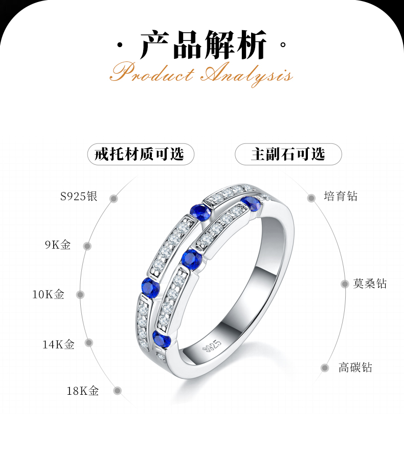 排戒S925银镀白金女戒定制选款副石培育蓝宝伴镶莫桑钻0.45ct - 2
