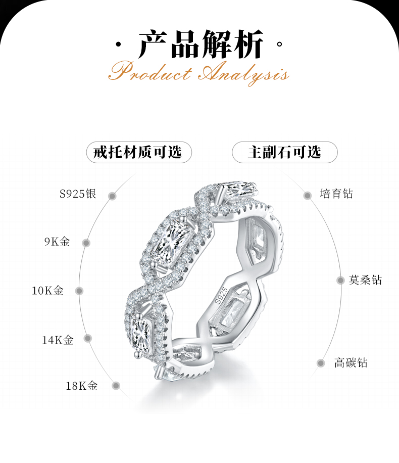 祖母切排戒S925银镀白金定制选款主石莫桑钻3.58ct/副石高碳钻 - 2