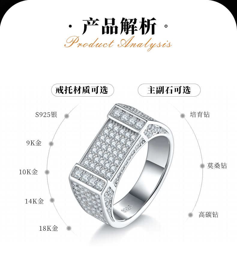满钻轻奢S925银镀白金男戒定制选款副石莫桑钻1.7ct - 2
