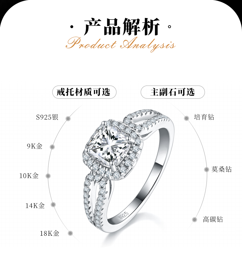 枕形女戒S925银镀白金定制选款主石莫桑钻1.0ct/副石高碳钻 - 2