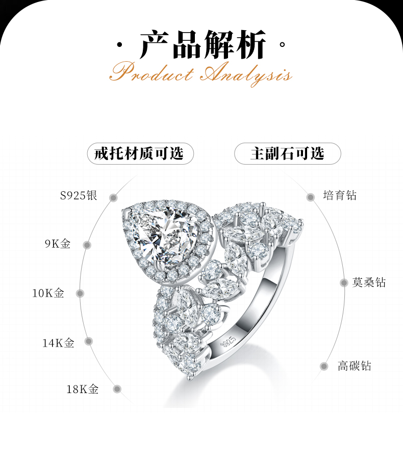 豪华梨形女戒S925银镀白金定制选款主石莫桑钻2.0ct/副石高碳钻 - 2