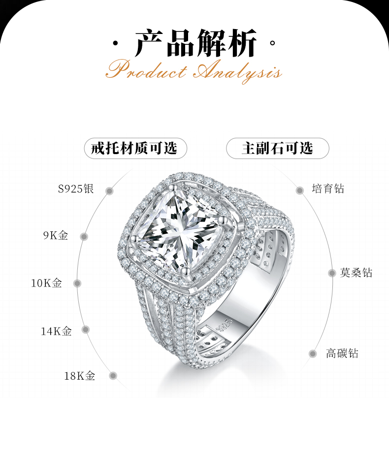 豪华枕形女戒S925银镀白金定制选款主石莫桑钻3.5ct/副石高碳钻 - 2