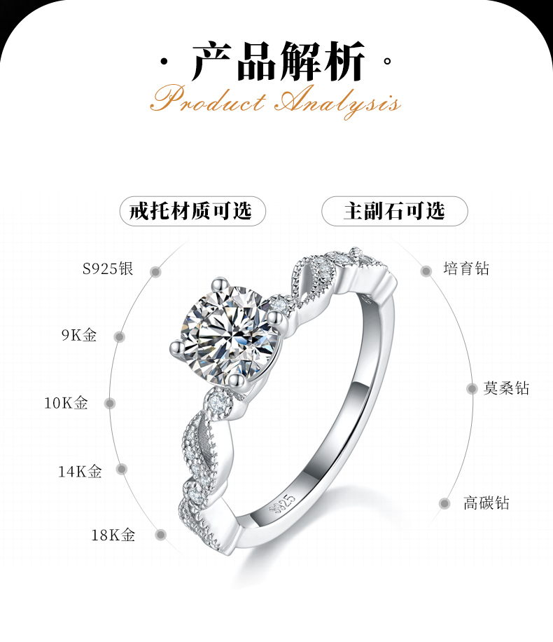 单头女戒S925银镀白金定制选款主石莫桑钻1.0ct/副石高碳钻 - 2