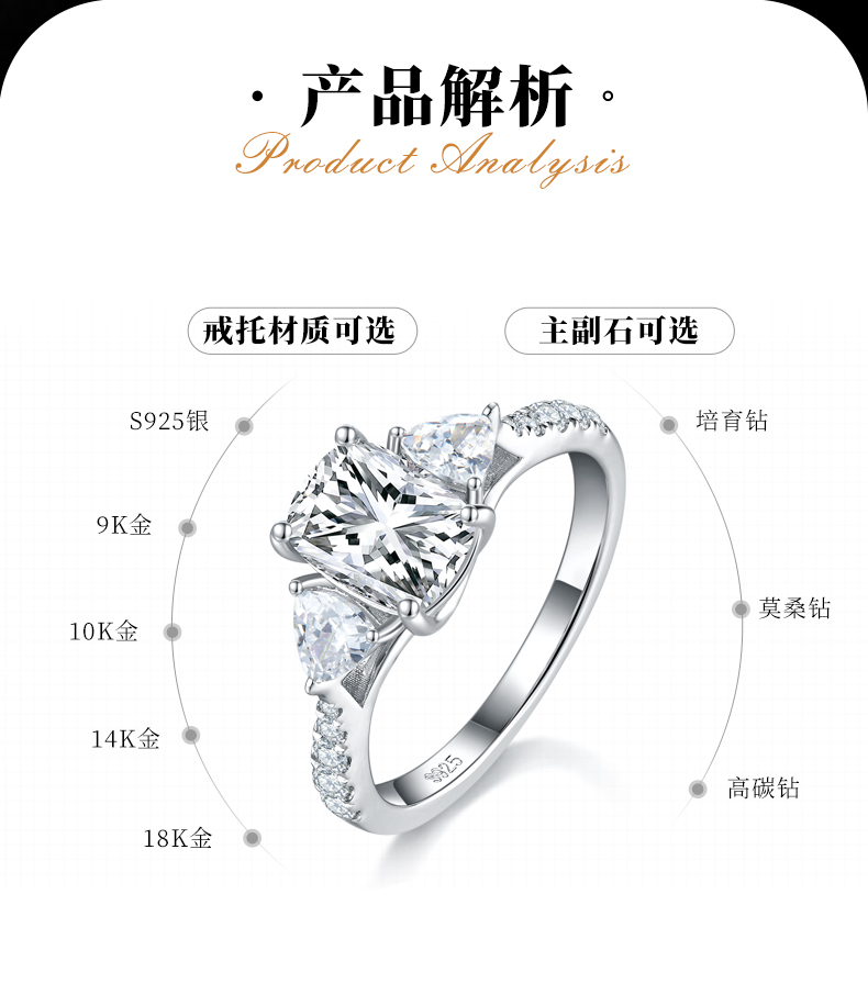 三石款雷迪恩女戒S925银镀白金定制选款主石莫桑钻2.0ct/副石高碳钻 - 2