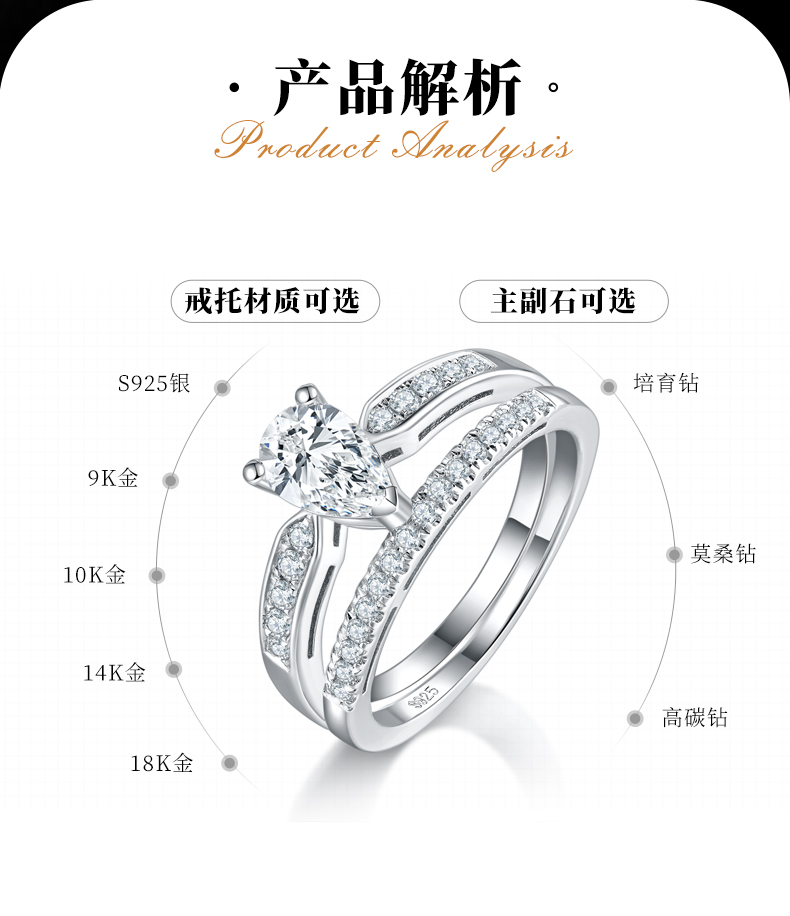 公主方女戒S925银镀白金定制选款主石莫桑钻1.0ct/副石高碳钻 - 2