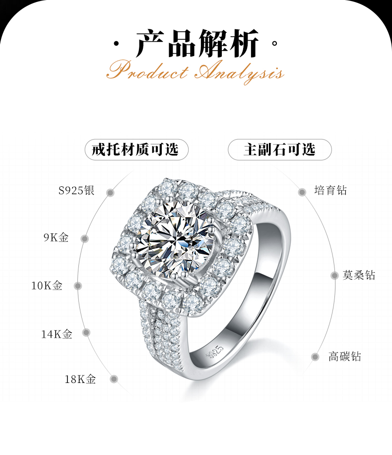 豪华满钻女戒S925银镀白金定制选款主石莫桑钻2.5ct/副石高碳钻 - 2