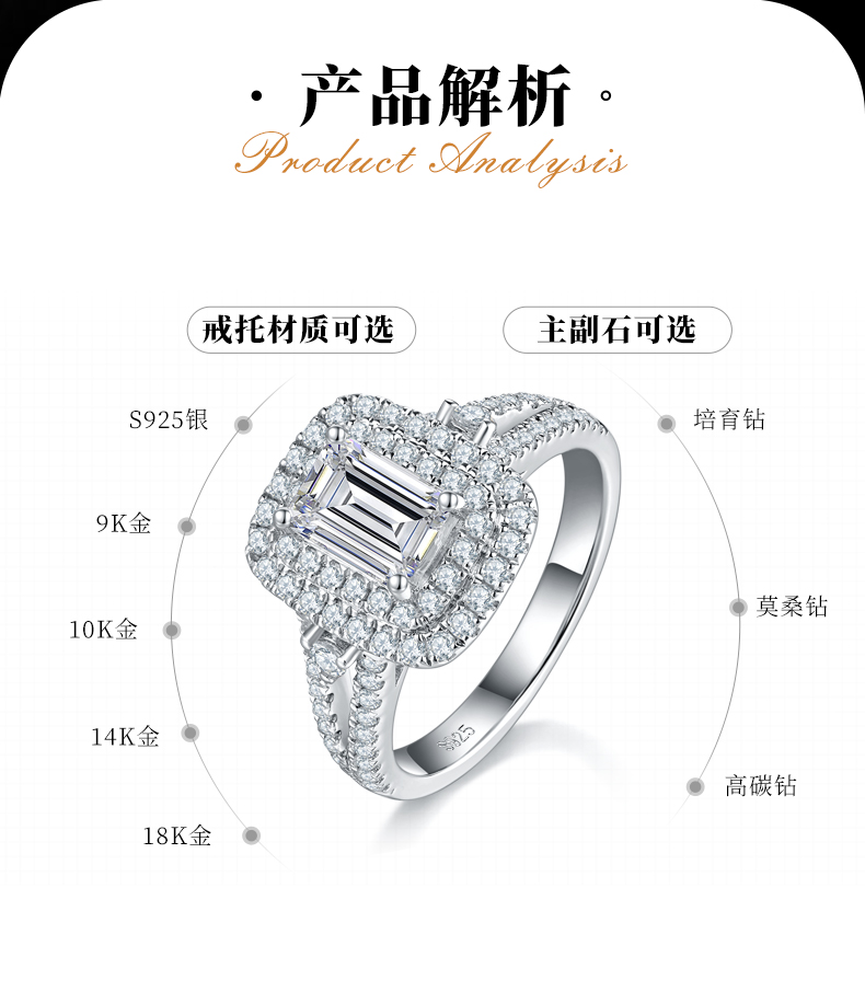 轻奢满钻祖母切女戒S925银镀白金定制选款主石莫桑钻1.0ct/副石高碳钻 - 2