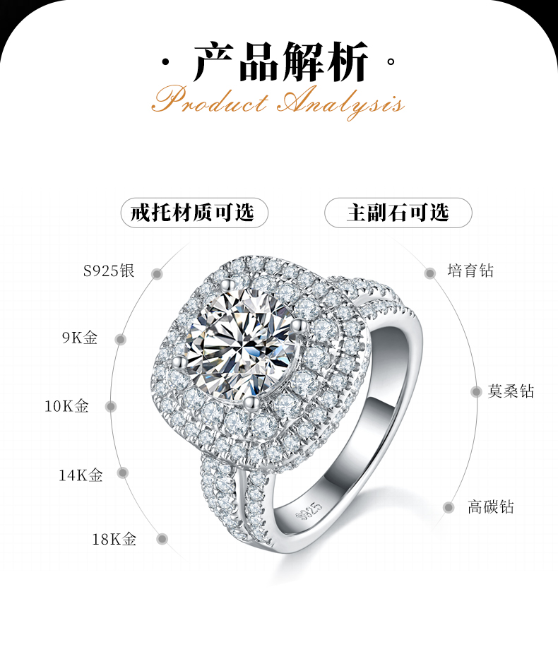 豪华满钻女戒S925银镀白金定制选款主石莫桑钻2.5ct/副石高碳钻 - 2